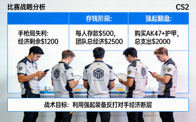 CS2职业战队在手枪局失利后进行经济存钱与强起翻盘的战术示意画面