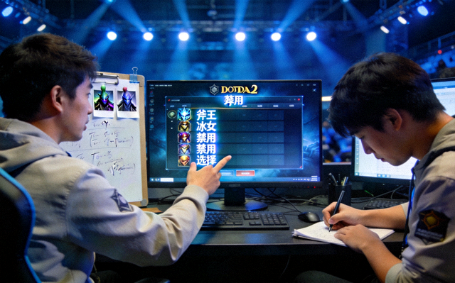 DOTA2职业比赛禁选阶段双方教练组进行英雄禁用与选择的分析画面